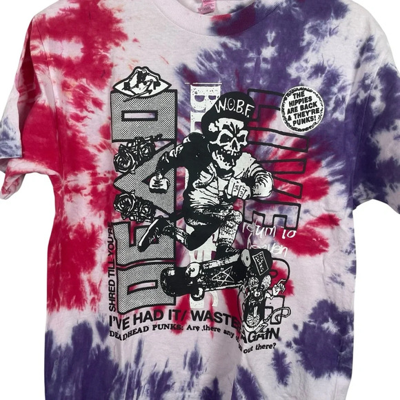 VINTAGE Shred Till You’re Dead Tie Dye Punk Tee in Red/Purple Size M - Picture 3 of 9